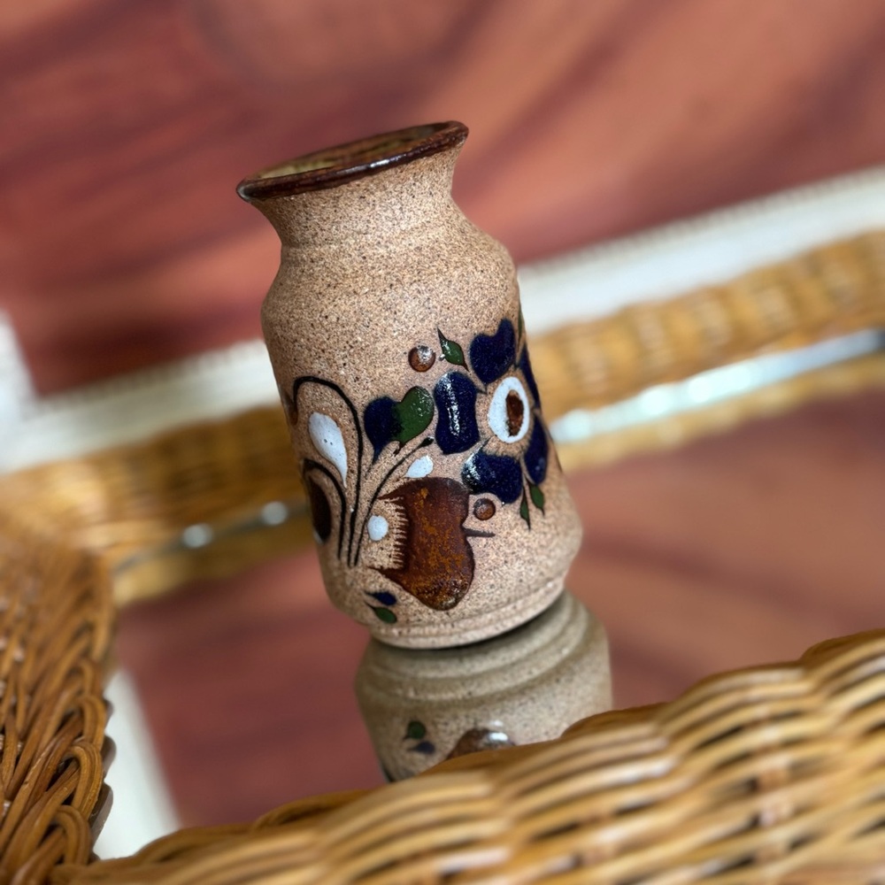 80's Floral Mexican Stoneware Vase - Floral Vase - Pottery Vase - Hand Painted